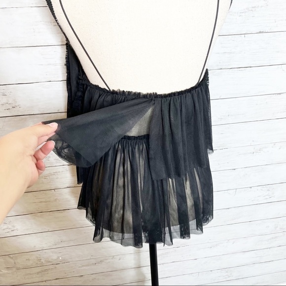 Black Off the Shoulder Lace Up Tulle Layered Blouse Size Small - Picture 5 of 8